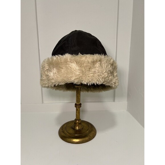 Sherpa Fleece Lined Skull Cap Faux Leather Hat Hood Cap Cream / Brown Sz Small - Picture 1 of 4
